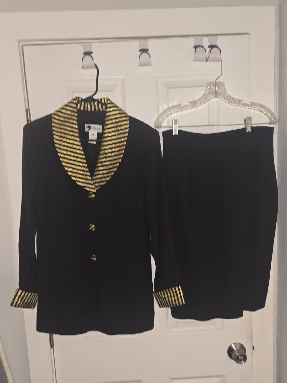 Black Women's Blazer & Skirt Set with Gold Striped Trim - Picture 1 of 9